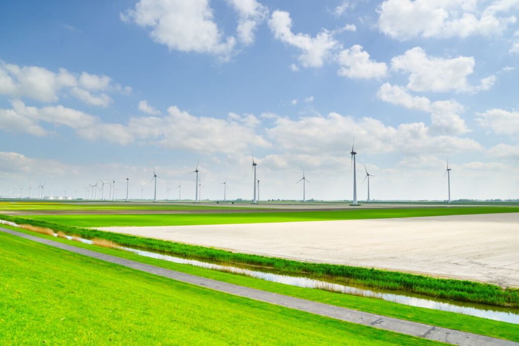 Panoramic view of wind turbines on a sunny day in the countryside, symbolizing renewable energy.