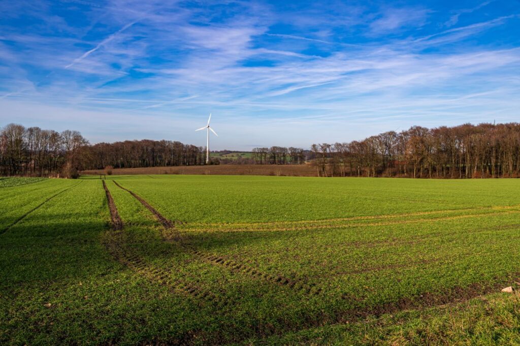 Peaceful rural scene in Coesfeld with green fields and a lone wind turbine under a clear blue sky.